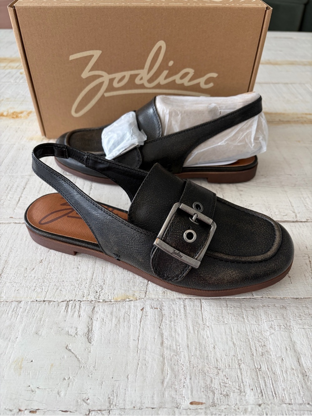 Zodiac Eve NEW size 6.5 Slingback Mules Loafers in Black Buckle Flats